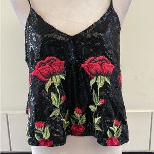 Black Sequin Floral Embroidered Women's Top